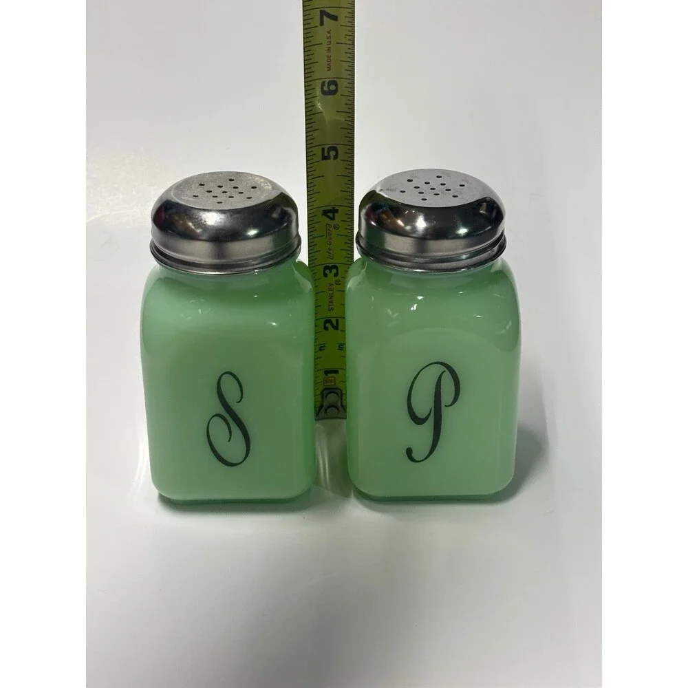 Mosser Glass Jadeite Green Monogram S & P Salt Pepper Shakers Set Vintage Style